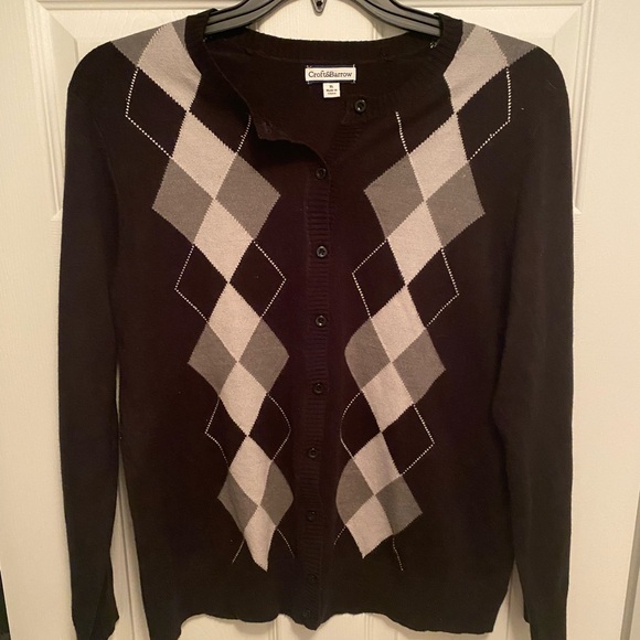 Croft & Barrow Black Cardigan with Gray Argyle Pattern - Picture 1 of 9